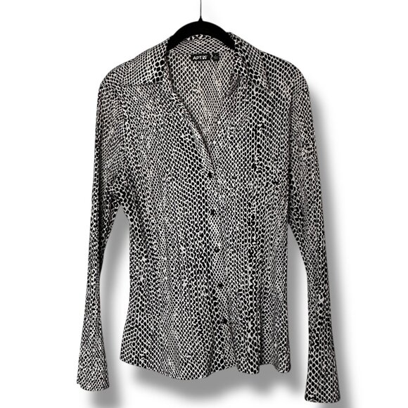 Apt. 9 Womens Button-Down Long-Sleeve Blouse Black & White Animal Print Size l - Picture 1 of 8